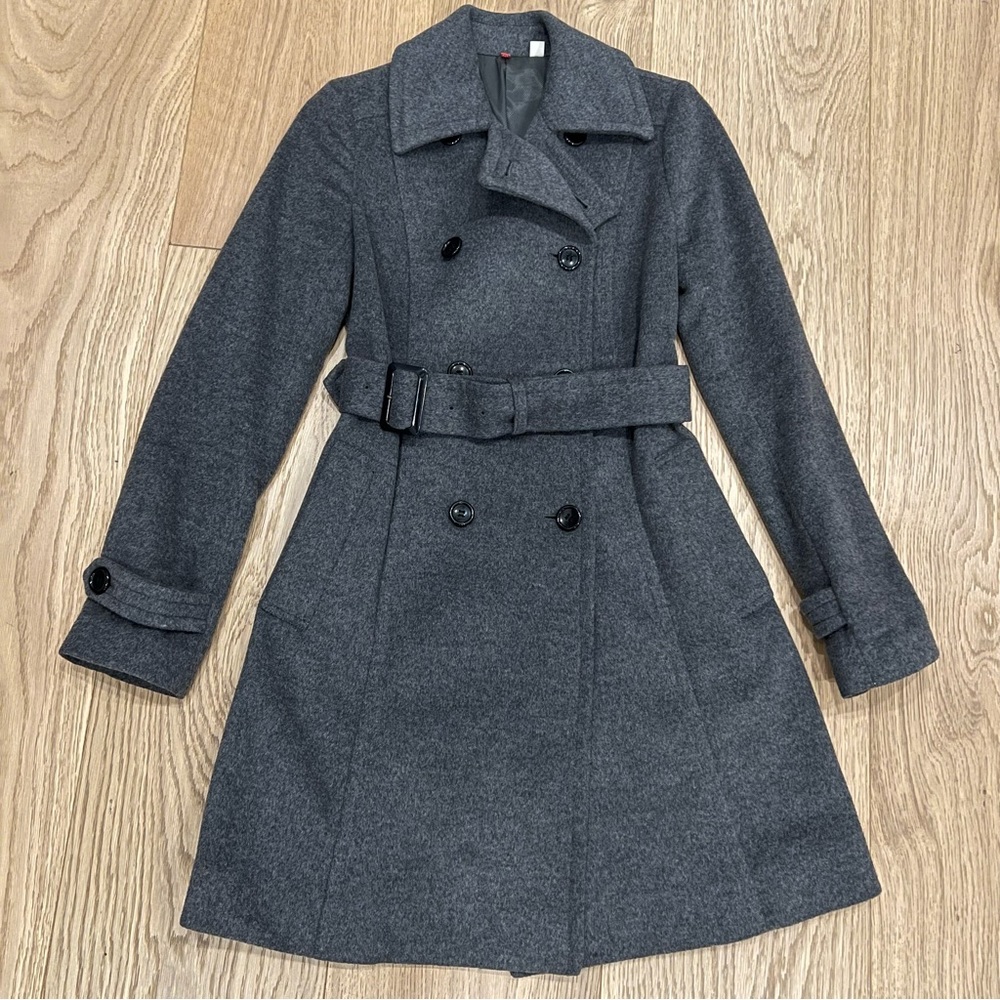 Uniqlo women’s belted wool blend jacket coat trench peacoat